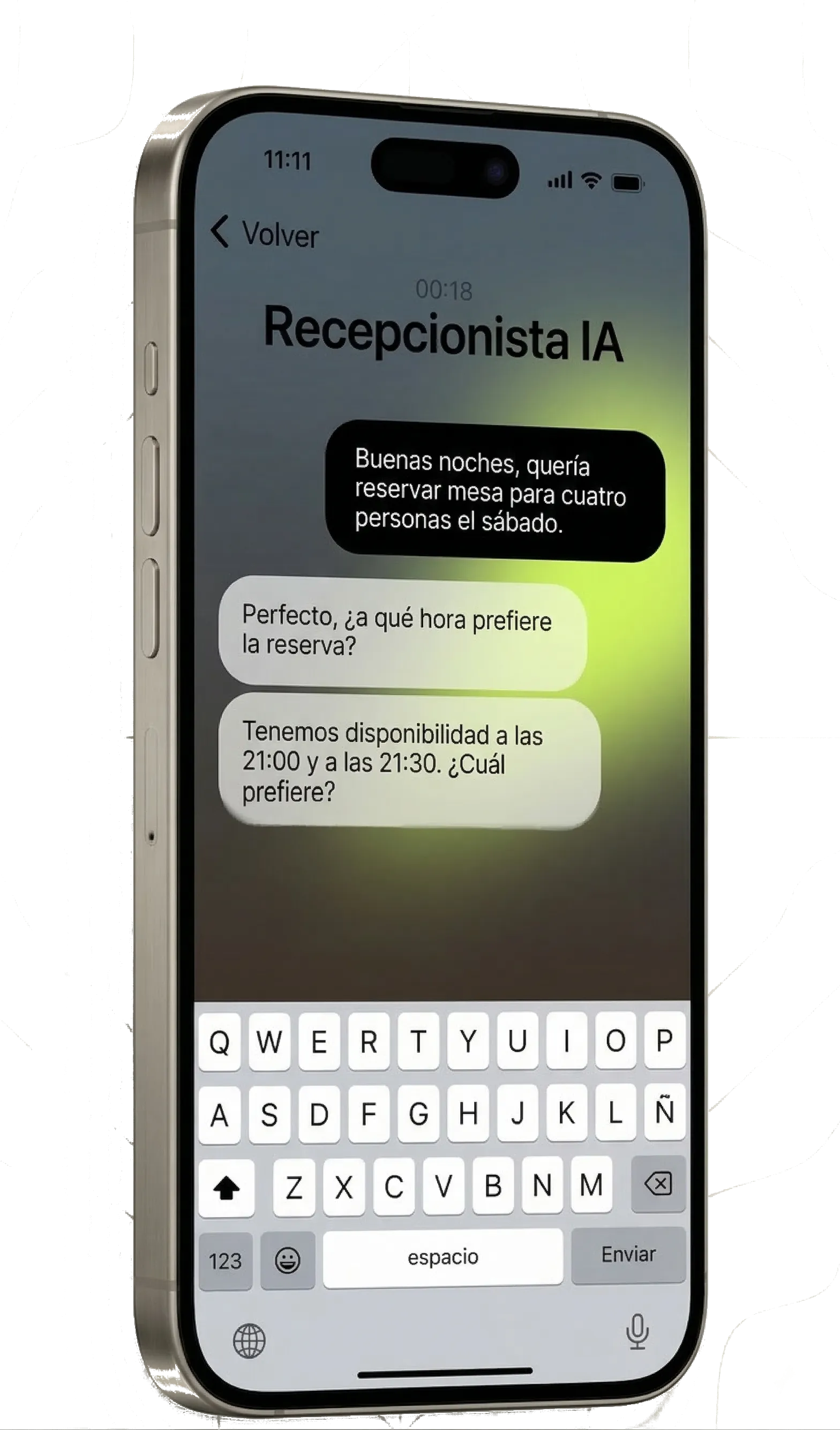 Recepcionista IA de Zentracs — conversación de reserva en iPhone