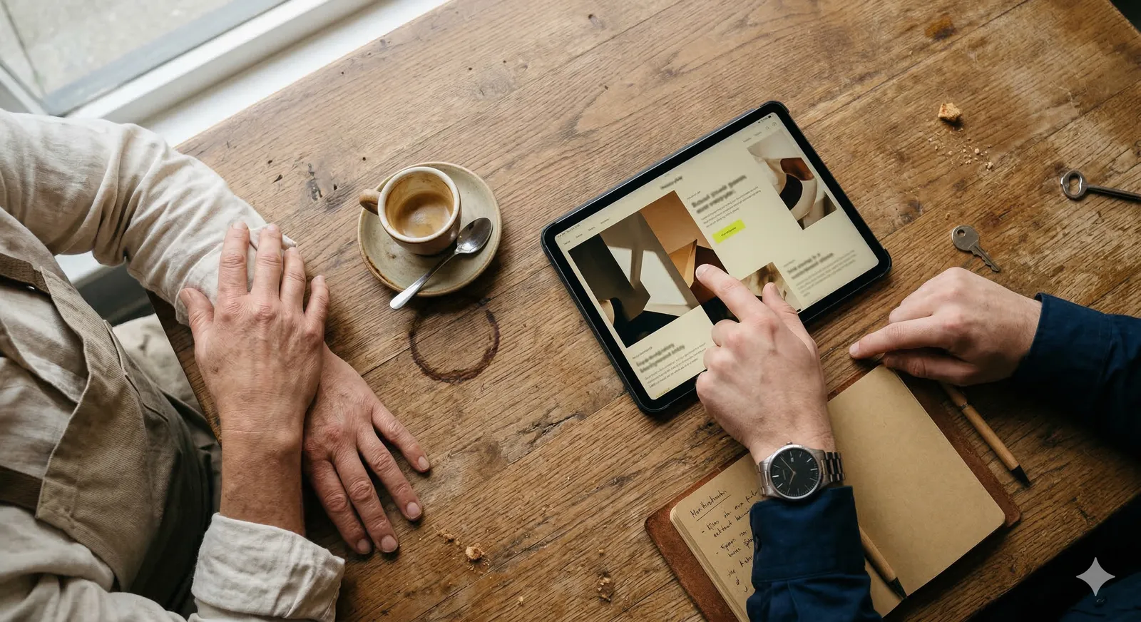 Reunión con tablet enseñando escaparate digital